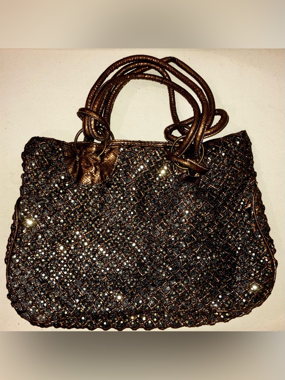 Vintage Metallic Bronze Woven Tote with Sparkle Accents